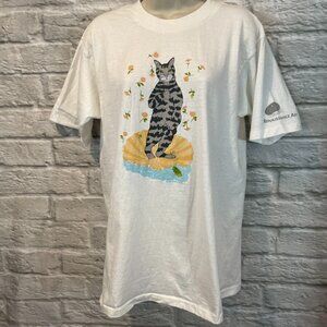 Vintage 1989 B.Lewis Renaissance Art White Cat Print T-Shirt Sz L Single Stitch